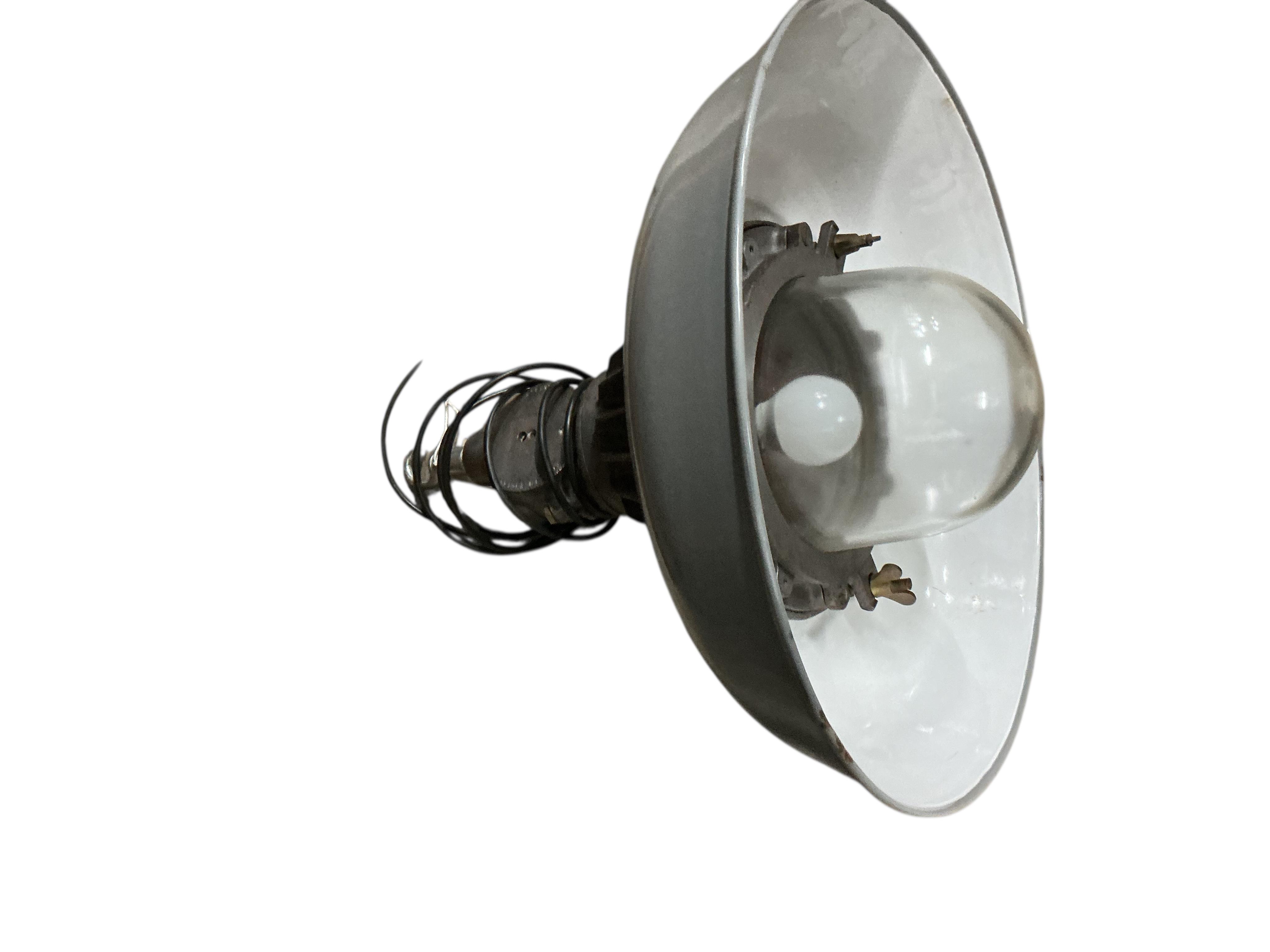 A pair of GEC grey enamel pendant ceiling lights, diameter 45cm, height 46cm